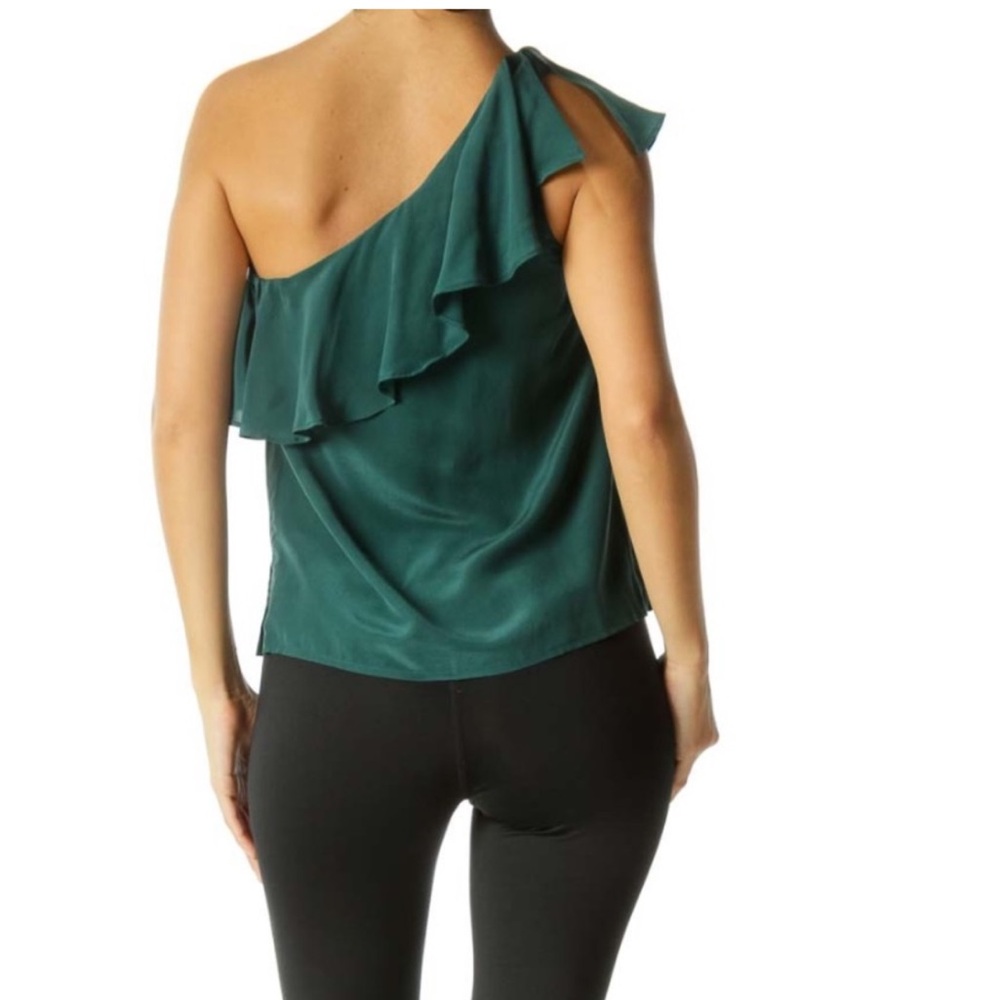 Maeve Anthropologie Silk Chiffon Ruffle One Shoulder Green Blouse size 12